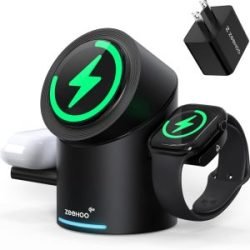 ZEEHOO 3 in 1 Charging Station for Apple Devices. Mag-Safe Charger Stand. Qi2 15W Auto-Rotating Wireless Charger for iPhone 17 16/15/14/13/12 Series& AirPods& iWatch(Black)