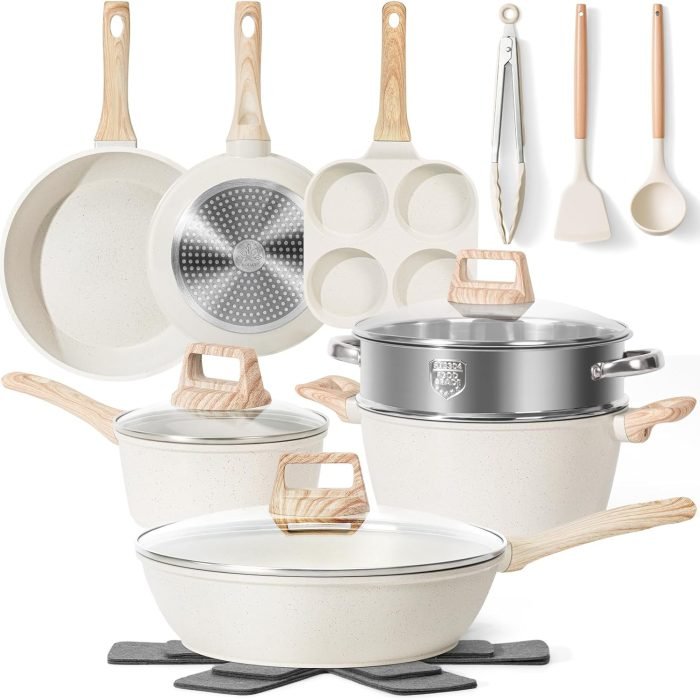 17 Pcs Pots and Pans Set Non stick .Cookware Sets White Granite Induction Cookware. Non-toxic Healthy Non Stick Kitchen Cooking Set with Frying Pans Set. Saucepans (PFAS. PFOA. PFOS Free) White