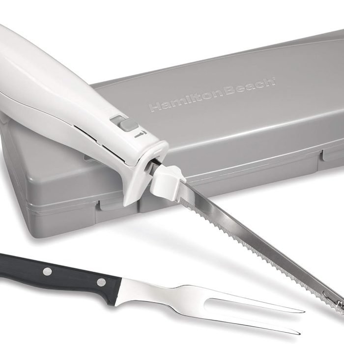 Hamilton Beach Electric Knife Set for Carving Meats. Poultry. Bread. Crafting Foam & More. Reciprocating Serrated Stainless Steel Blades. Ergonomic Design Storage Case + Fork Included. 5Ft Cord. White