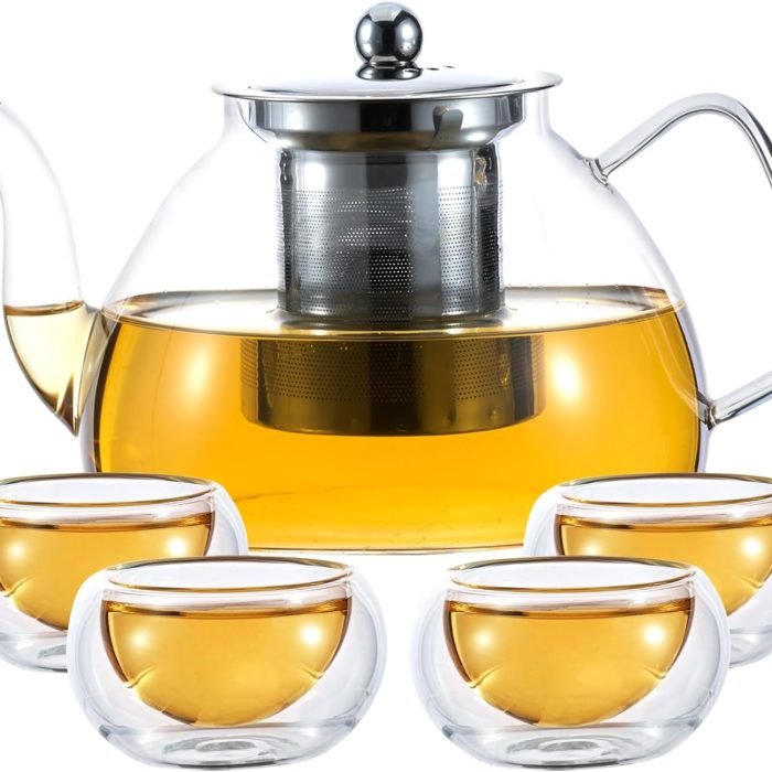 1200ml/40 oz Glass Teapot with 4 Double Wall Teacups and Removable Stainless Steel Infuser. Tea Sets for Adults. Clear Tea Kettle Stovetop Safe for Loose Leaf and Blooming Tea.Gifts for Christmas