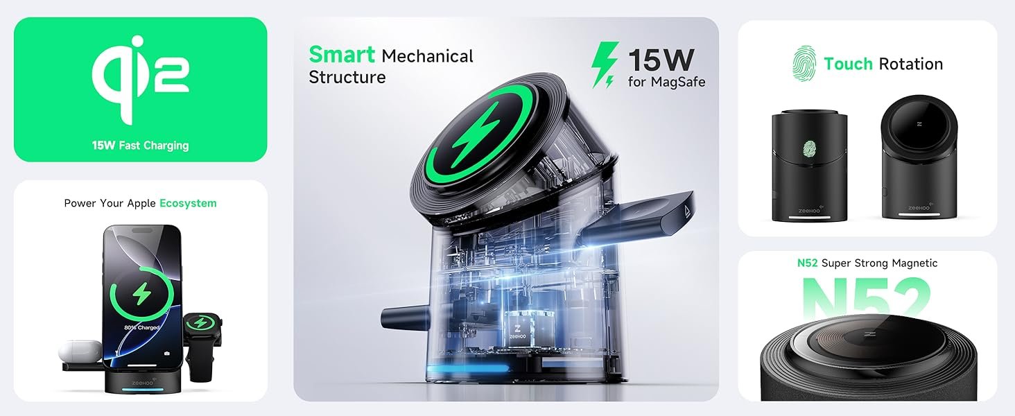 ZEEHOO 3 in 1 Charging Station for Apple Devices. Mag-Safe Charger Stand. Qi2 15W Auto-Rotating Wireless Charger for iPhone 17 16/15/14/13/12 Series& AirPods& iWatch(Black)