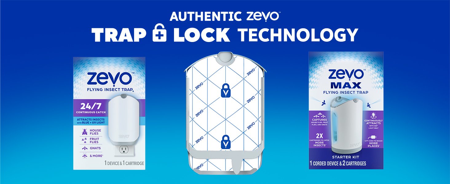 Zevo 2 Flying Insect Traps & 2 Refill Cartridges - Plug in Fly Trap & Indoor Bug Catcher for Gnats. House & Fruit Flies - Blue & UV Light Technology. Mess-Free Alternative to Bug Zapper