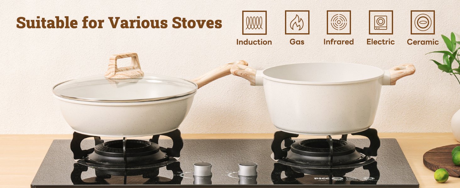 17 Pcs Pots and Pans Set Non stick .Cookware Sets White Granite Induction Cookware. Non-toxic Healthy Non Stick Kitchen Cooking Set with Frying Pans Set. Saucepans (PFAS. PFOA. PFOS Free) White