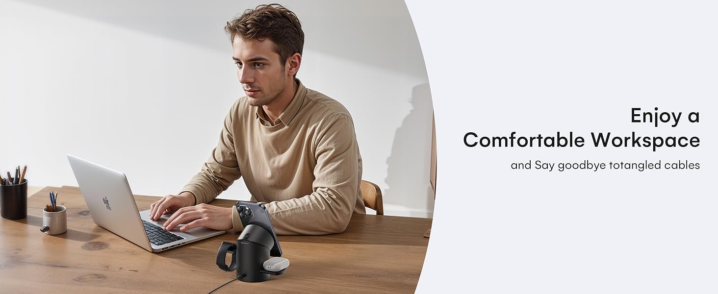 ZEEHOO 3 in 1 Charging Station for Apple Devices. Mag-Safe Charger Stand. Qi2 15W Auto-Rotating Wireless Charger for iPhone 17 16/15/14/13/12 Series& AirPods& iWatch(Black)