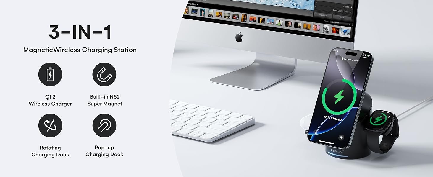 ZEEHOO 3 in 1 Charging Station for Apple Devices. Mag-Safe Charger Stand. Qi2 15W Auto-Rotating Wireless Charger for iPhone 17 16/15/14/13/12 Series& AirPods& iWatch(Black)