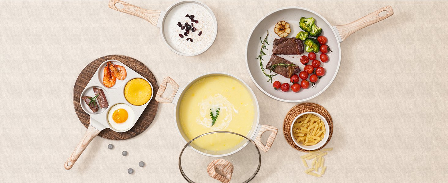 17 Pcs Pots and Pans Set Non stick .Cookware Sets White Granite Induction Cookware. Non-toxic Healthy Non Stick Kitchen Cooking Set with Frying Pans Set. Saucepans (PFAS. PFOA. PFOS Free) White