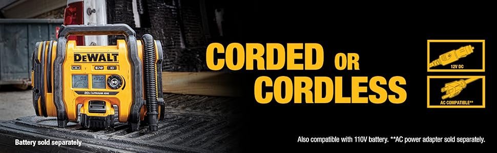 DEWALT Tire Inflator Portable Air Compressor 20V MAX, Air Pump with Automatic Shut Off, LED Light, Tool Only (DCC020IB)