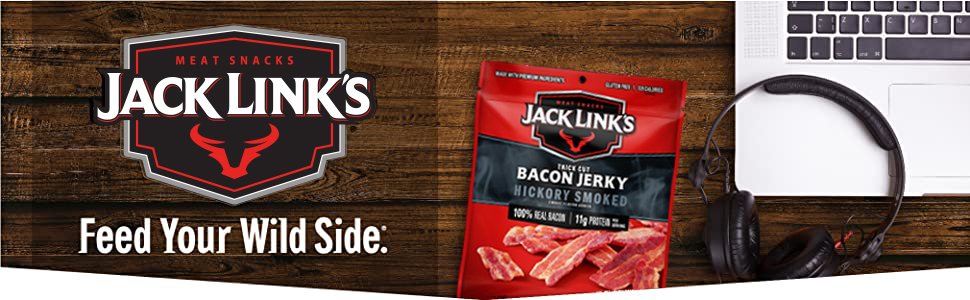 Jack Link's Bacon Jerky, Hickory Smoked - Flavorful Ready to Eat Meat Snack with 11g of Protein per Serving, Made with 100% Thick Cut Real Bacon, Protein Snack, Keto Friendly, 2.5 oz. (Pack of 4)