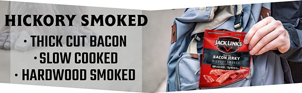 Jack Link's Bacon Jerky, Hickory Smoked - Flavorful Ready to Eat Meat Snack with 11g of Protein per Serving, Made with 100% Thick Cut Real Bacon, Protein Snack, Keto Friendly, 2.5 oz. (Pack of 4)