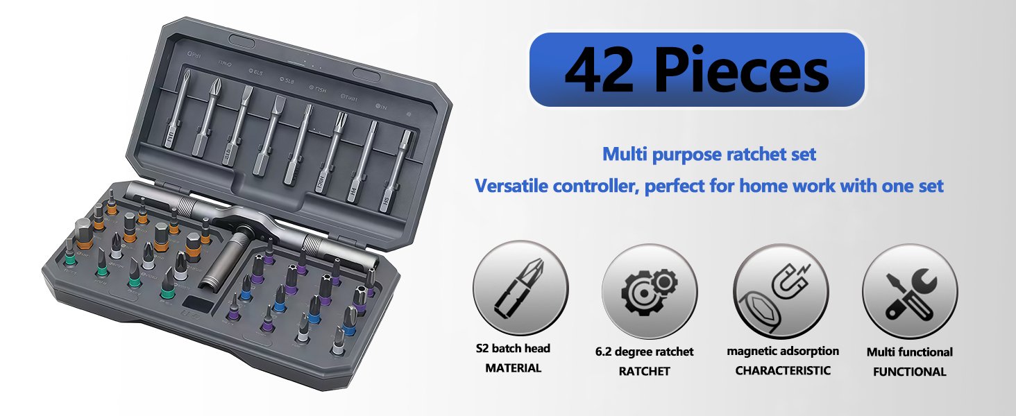42 in 1 Magnetic Screwdriver Set, DIY Ratchet Screwdriver Set, Multi Bit Magnetic Drive,with Detachable Ratchet Handle and Storage Case, Portable Compact Repair Tool Kit for Furniture Computer Bicycle