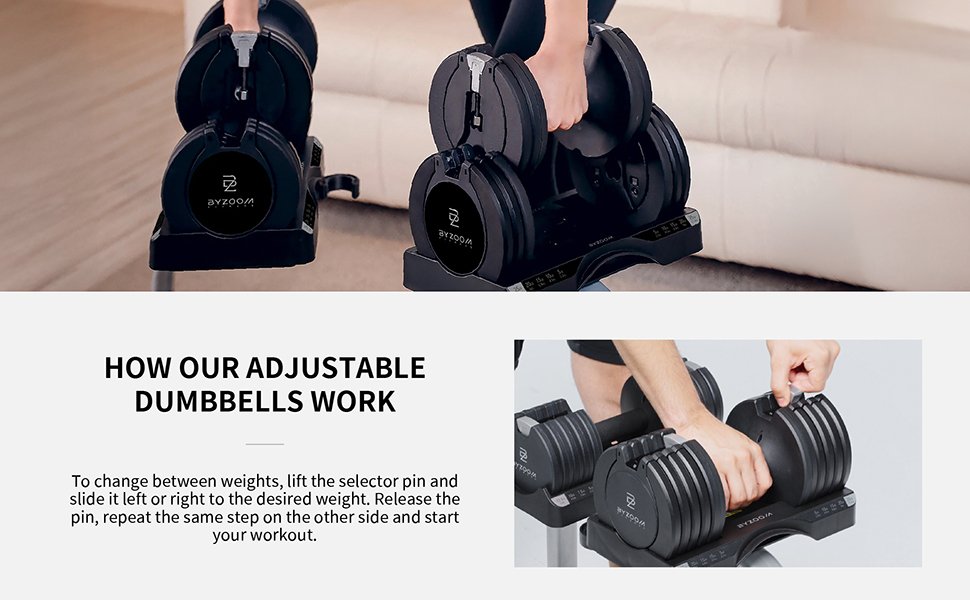BYZOOM FITNESS Adjustable Dumbbell – 12.5/25lb Single Unit OR Set of 2 – 5-in-1 Adjustable Weight for Home Gym. Strength Training & Fitness Workouts. White OR Black