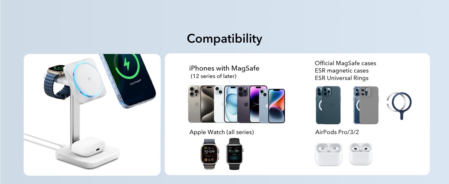 ESR for MagSafe Charger Stand. 3 in 1 Charging Station with CryoBoost. Phone-Cooling Wireless Charging. Qi2 Certified 15W MagSafe Stand. for iPhone 17/16/15/14/13/12. AirPods. Apple Watch. White