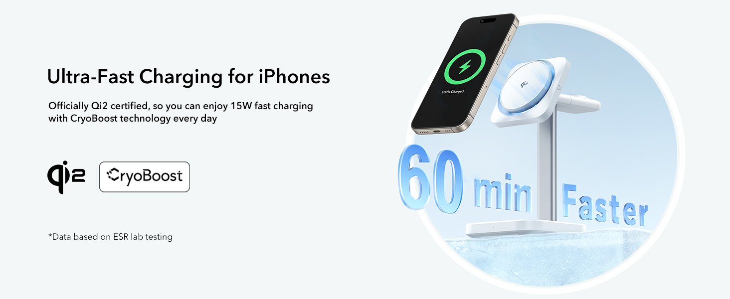 ESR for MagSafe Charger Stand. 3 in 1 Charging Station with CryoBoost. Phone-Cooling Wireless Charging. Qi2 Certified 15W MagSafe Stand. for iPhone 17/16/15/14/13/12. AirPods. Apple Watch. White
