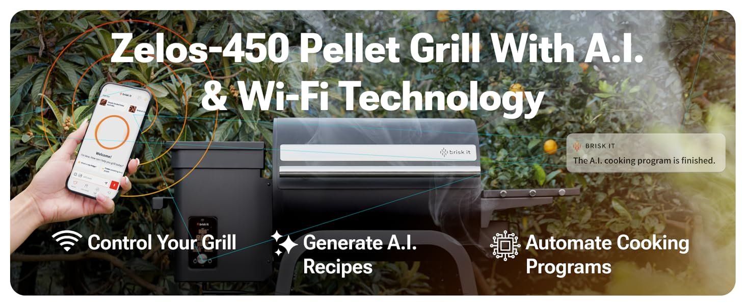 Brisk It Zelos-450 Electric Wood Pellet Smoker Grill – A.I. Smart BBQ Grill with WiFi. 7-in-1 Outdoor Grill & Smoker. PID Controller (Up to 500°F). 450 sq.in Cooking Area. Meat Probe
