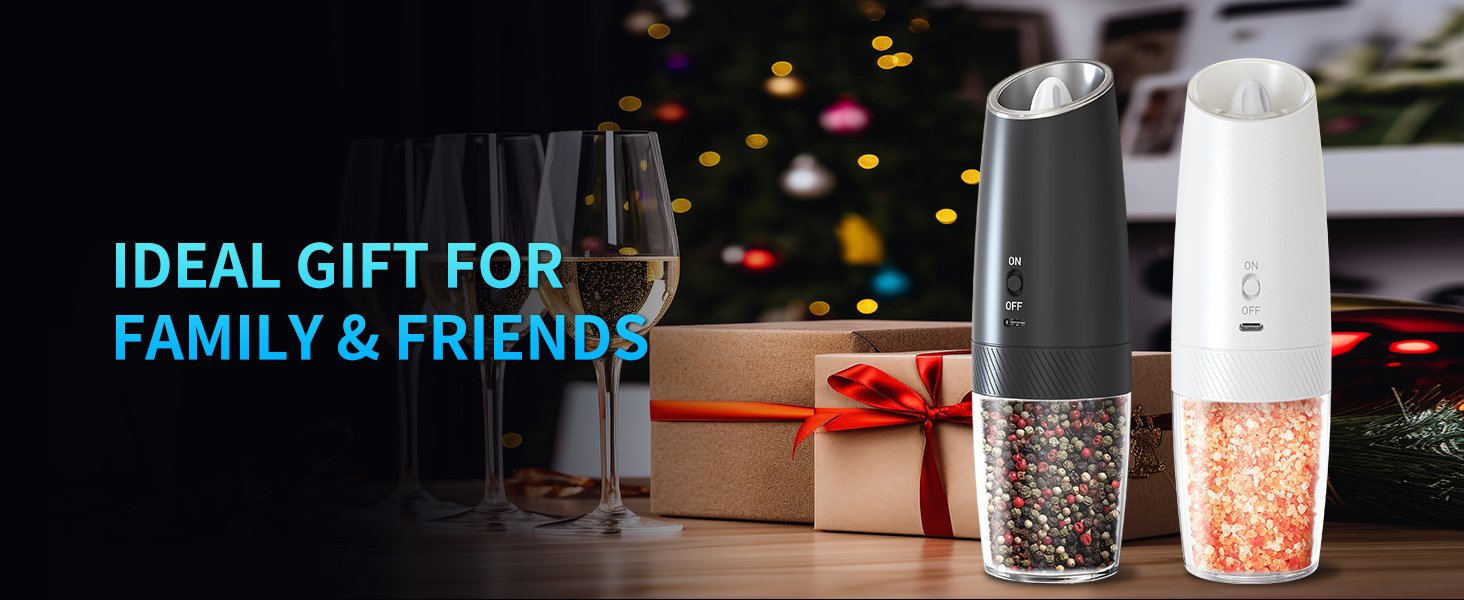 CIRCLE JOY Rechargeable Salt and Pepper Grinder Set Gravity Electric Salt and Pepper Grinder Set. LED Light. Adjustable Coarseness. for Home Kitchen BBQ. Black & White