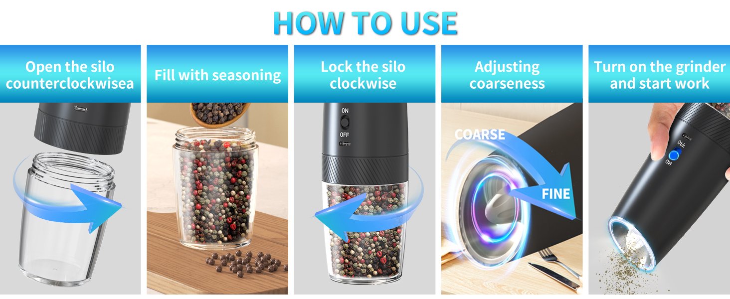 CIRCLE JOY Rechargeable Salt and Pepper Grinder Set Gravity Electric Salt and Pepper Grinder Set. LED Light. Adjustable Coarseness. for Home Kitchen BBQ. Black & White