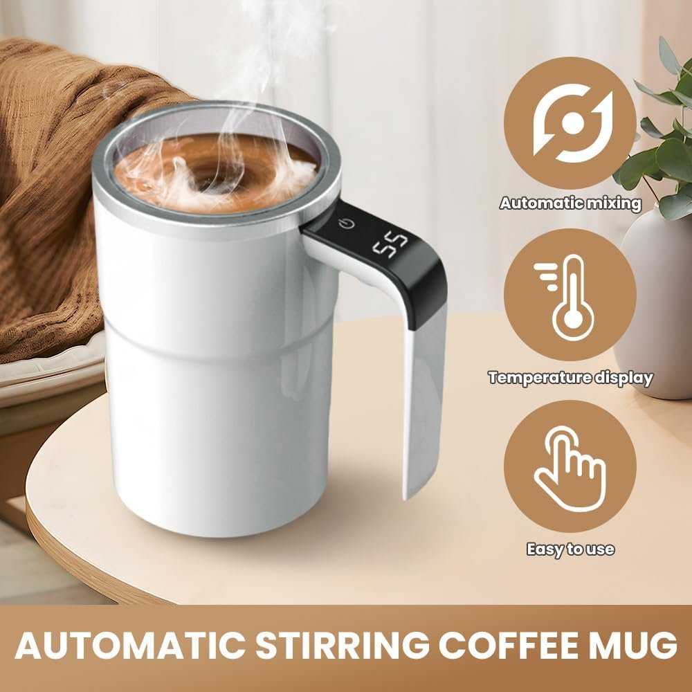 Automatic Magnetic Stirring Coffee Mug with Temperature Display. Rechargeable Stirring Mugs. Multifunctional Spin Mug Birthday Gift for Home Office Kitchen Travel Birthday Gift (White)