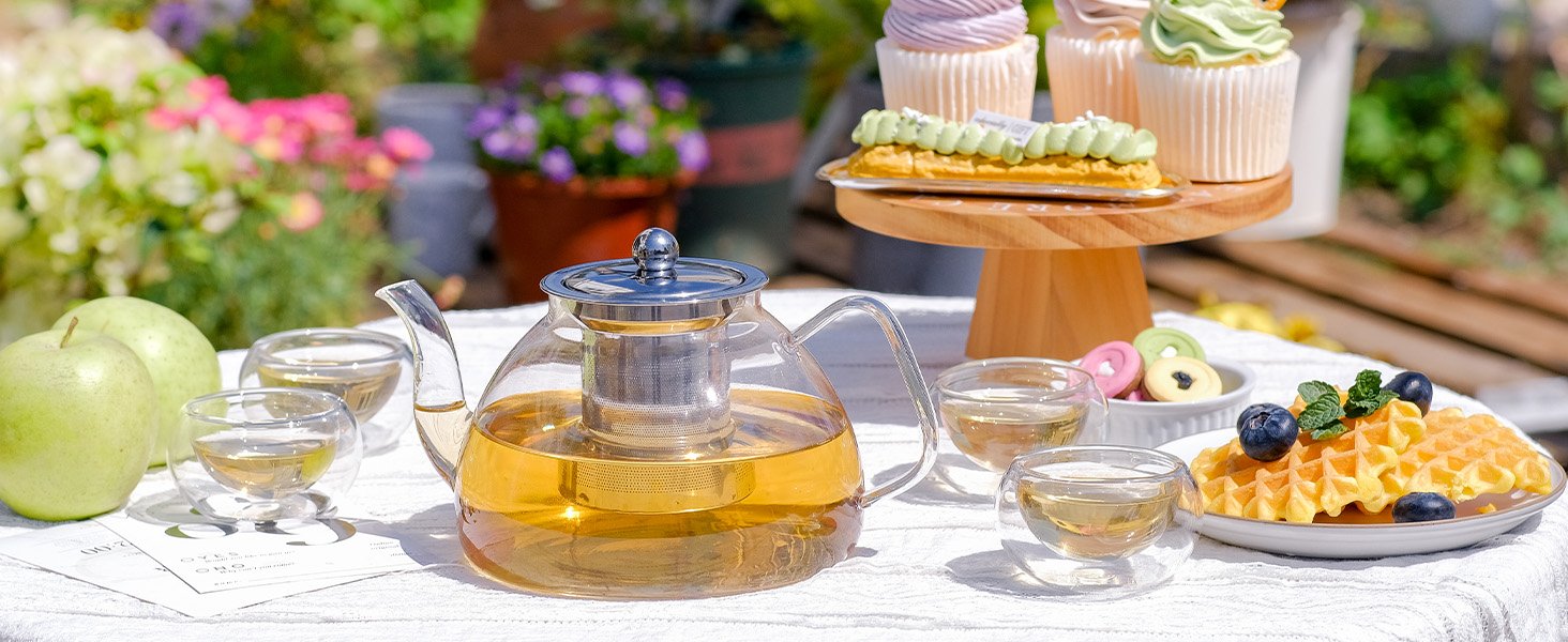 1200ml/40 oz Glass Teapot with 4 Double Wall Teacups and Removable Stainless Steel Infuser. Tea Sets for Adults. Clear Tea Kettle Stovetop Safe for Loose Leaf and Blooming Tea.Gifts for Christmas