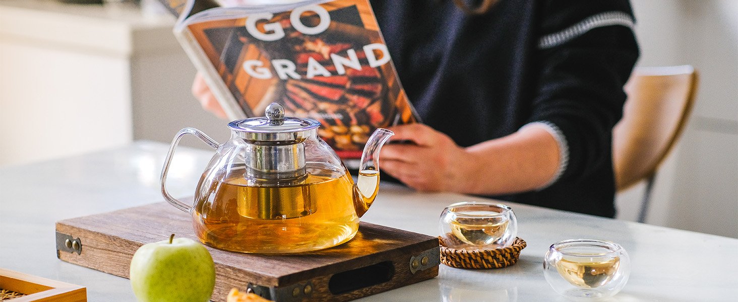 1200ml/40 oz Glass Teapot with 4 Double Wall Teacups and Removable Stainless Steel Infuser. Tea Sets for Adults. Clear Tea Kettle Stovetop Safe for Loose Leaf and Blooming Tea.Gifts for Christmas