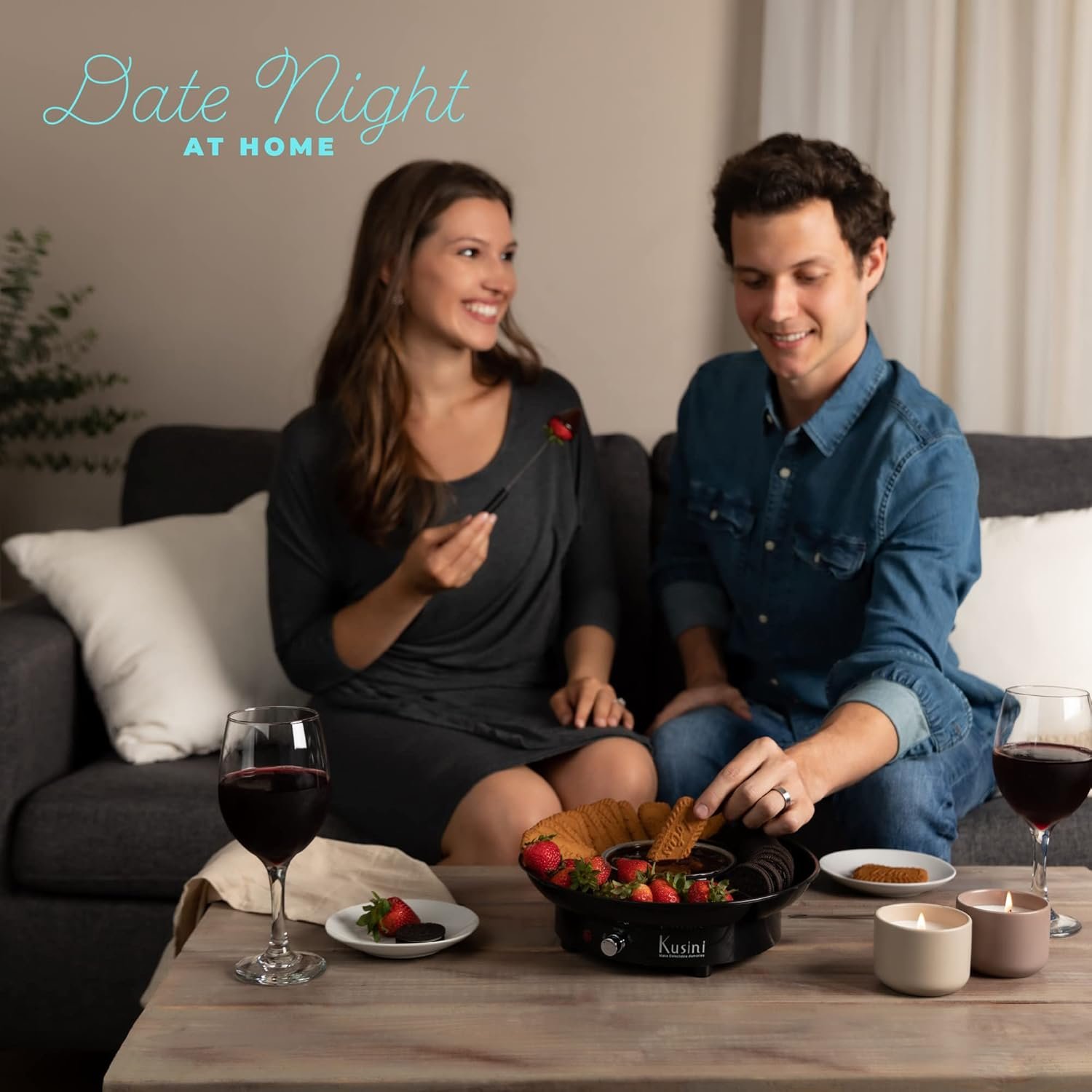 Kusini Electric Fondue Pot Set - Chocolate and Cheese Fondue - Temperature Control, Detachable Serving Trays, & 4 Roasting Forks - Gift Set & Date Night Idea. Serve at Movie Night or Game Night.